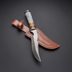 CUSTOM HANDMADE DAMASCUS STEEL HUNTING KNIFE WITH LEATHER SHEATH, PERSONALIZED KNIFE, GIFT HANDMADE KNIFE