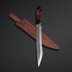 TANTO BOWIE KNIFE custom handmade Damascus steel knife with leather sheath