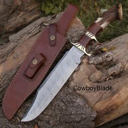 15inch Handmade Damascus Bowie Hunting Knife Hand Forged Best Hunting Knife Gift Set with Sheath