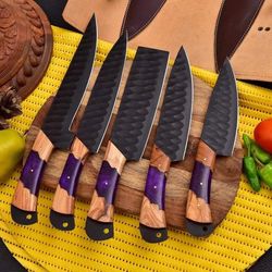5 Pieces Handmade High Carbon Steel Kitchen Knives Set With Black Powder Coating Wild Life Chef Knives Cooking Life Gift