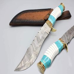 Handmade Damascus Hunting BOWIE Knife With Turquoise Gemstone and Brass Handle