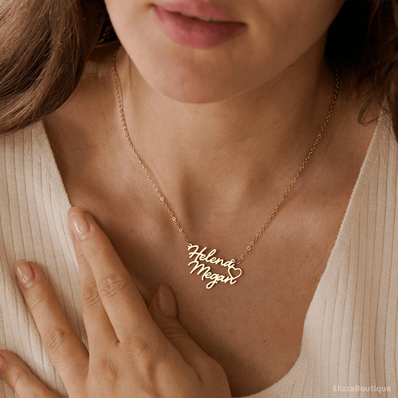 Personalized Double Names Necklace With Heart Custom Gold Name Necklace Couple Necklace Mothers Nec
