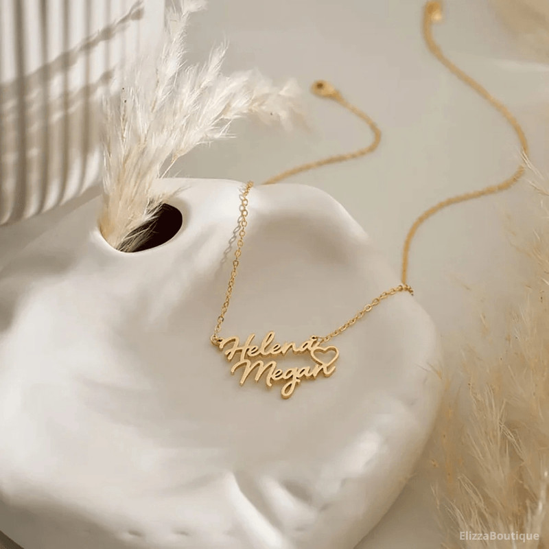 Personalized Double Names Necklace With Heart Custom Gold Name Necklace Couple Necklace Mothers Nec