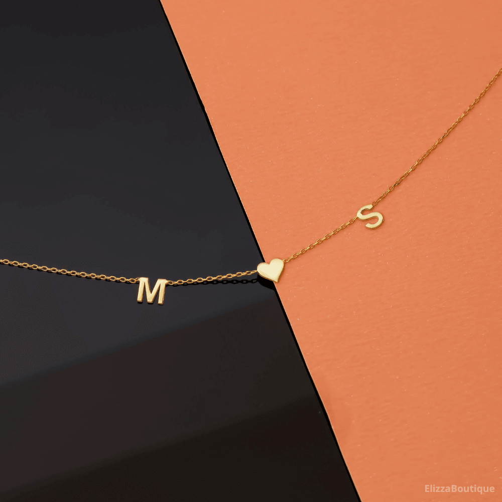 Double Initial Necklace With Heart  Heart Necklace For Couple  Initial Letter Necklace For Couple