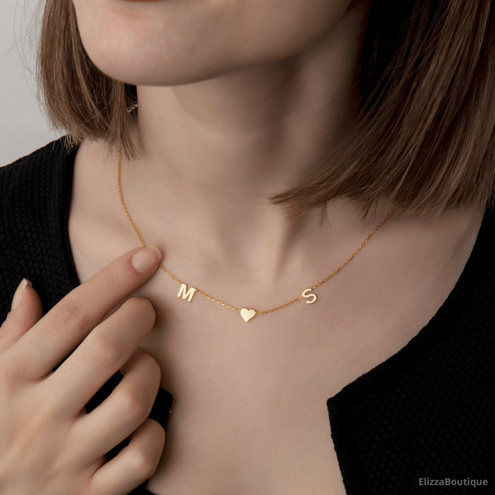 Double Initial Necklace With Heart  Heart Necklace For Couple  Initial Letter Necklace For Couple