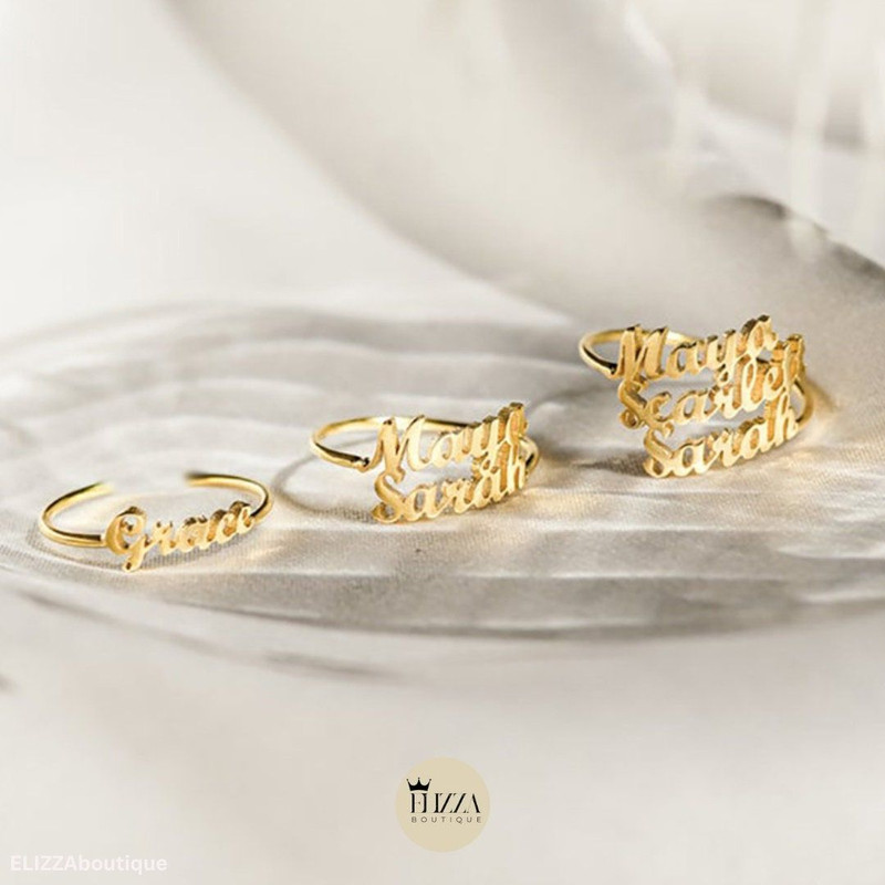 Personalized Double Name Rings For Women Open And Adjustable Couple Promise Rings Gold Plated Stain