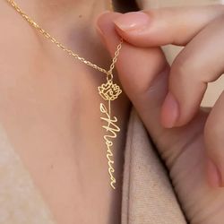 personalized flower name necklace, birth month, gold/rose gold/silver plated 18k stainless steel pendant