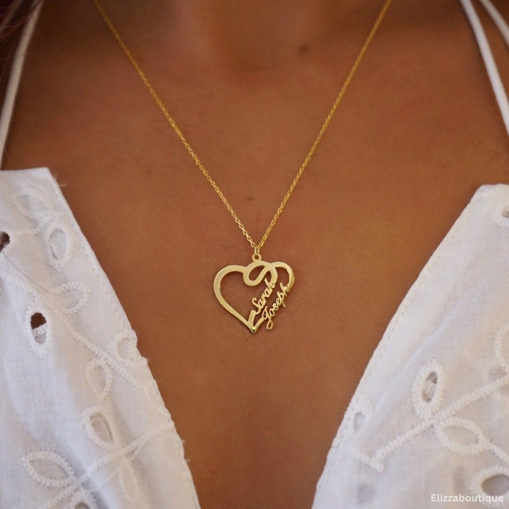 Double Heart Necklace With Personalized Name Personalized Double Name Necklace Gold Jewel Gift 0