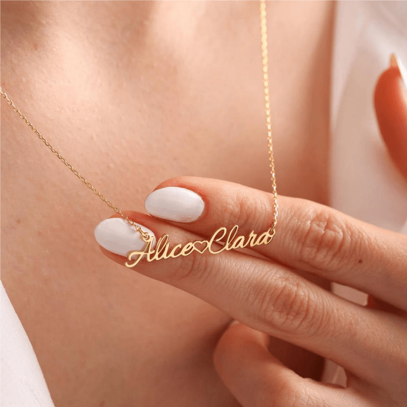Personalized Two Name Necklaces With Heart 14k Gold Plated 1