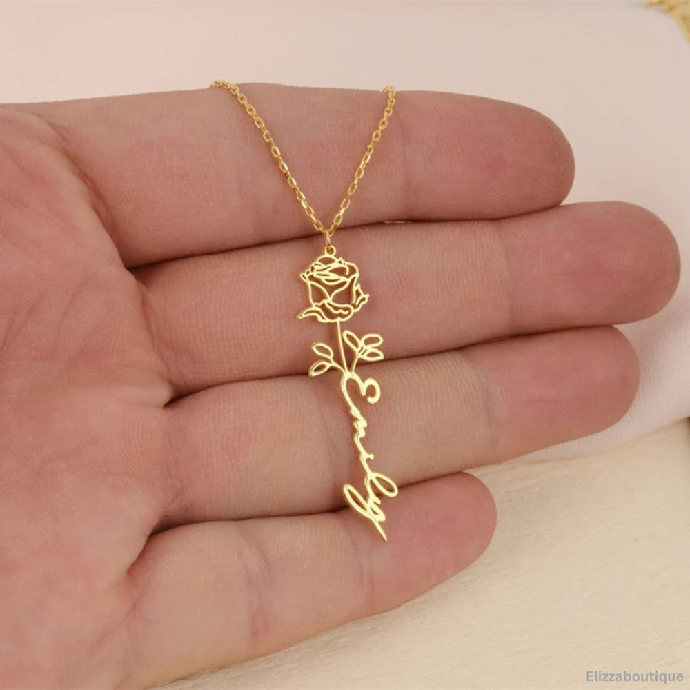 Personalized Flower Name Necklace Birth Month GoldRose GoldSilver Plated 18k 7