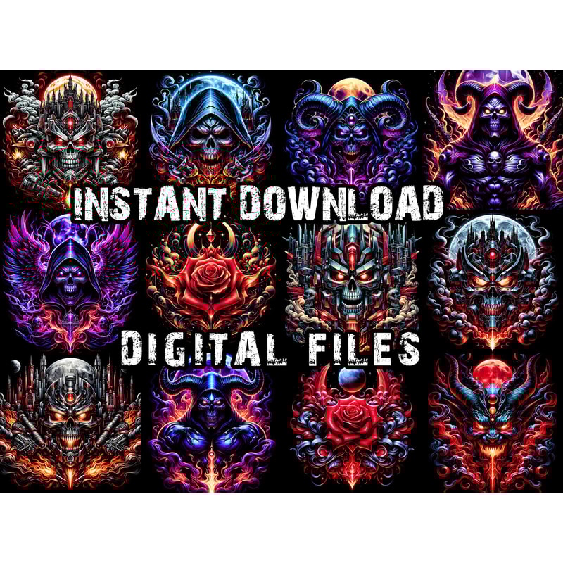 60 Gothic Halftone TShirt Designs Bundle Black Knockout PNG JPEG Edgy Mystical Graphics Instant Do 2