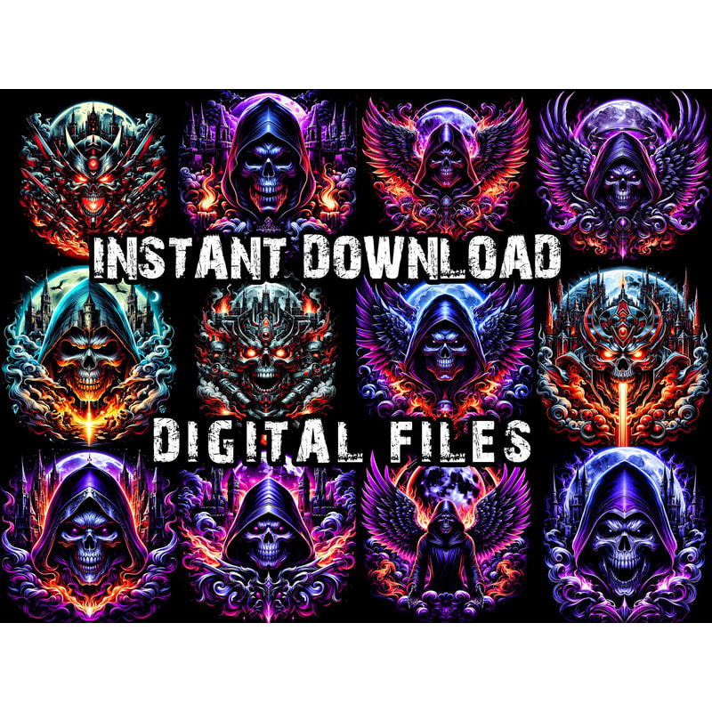 60 Gothic Halftone TShirt Designs Bundle Black Knockout PNG JPEG Edgy Mystical Graphics Instant Do 3