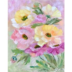 Poppy Painting Original Artwork Flowers Oil Painting Pink Yellow Flowers Art Original Oil Painting By Raisa Pototskaya