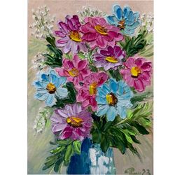 Daisy Painting Original Oil Artwork Flowers Art Small Painting Impasto Painting Authors Art 5x7 inches Pink Daisy Art