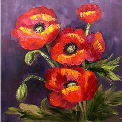 Red Poppy Painting Original Artwork Oil Painting on Canvas Flowers Art Impasto Painting Bright Poppies Painting12x12inch