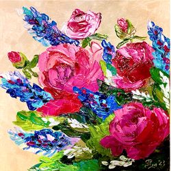 Bright Flowers Painting Original Artwork Impasto Painting Flowers Oil Painting Red Roses Bouquet Painting Floral Art