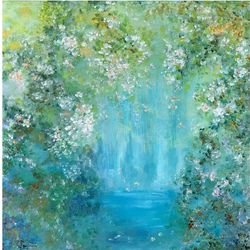 Waterfall Painting Original Artwork White Flowers Oil Painting on Stretched Canvas Floral Painting by Raisa Pototskaya