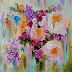 bright flowers paintingoriginal art abstract flowers artworkroses oil painting impasto flowers artwork big painting