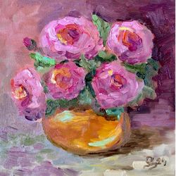 Pink Poses Painting Original Art Bouquet Roses Painting Bright Flowers Artwork Bouquet In Vase Oil Painting Original