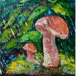 Mushrooms Painting Original Art Landscape Artwork Oil Painting Impasto Painting Small Art 6 x 6 by Pototskaya Art