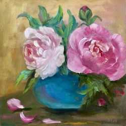 Peony Painting Original Artwork Flowers Art Bouquet Flowers in Vase Pink Peony Art Flowers in Blue Vase Painting 8 x 8