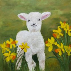 Lamb Painting Original Artwork Oil Painting White Lamb Artwork Flowers Daffodils Painting Lamb end Daffodils painting