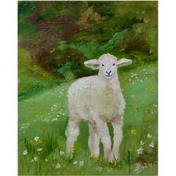 Lamb PaintingOriginal Art Animals Artwork White Lamb Artwork Oil Painting landscape Painting Original Painting