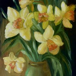 Daffodils Painting Original Artwork Yellow Flowers Art Bouquet Daffodils in Vase Painting Oil Painting Flowers 8 x 6 in