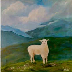 Lamb Painting Original Art Animals Oil Painting on Canvas Mountains Artwork Landscape Painting White Lamb Painting