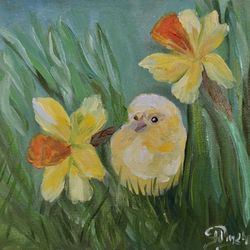 Chicken Painting Yellow Chicken Art Small Oil Painting Original Artwork Oil Painting On Canvas Floral Art Bird Art