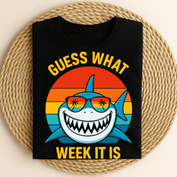 guess what week it is funny shark week retro sunset sunglasses ocean beach summer vacation sea life humor design