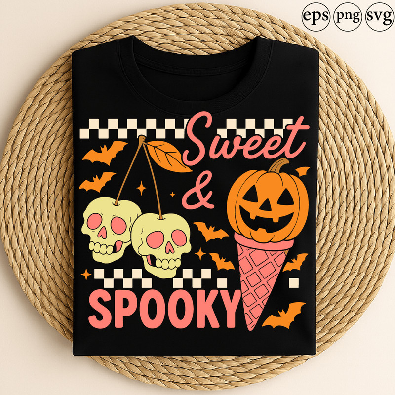 Sweet And Spooky Halloween Pumpkin Ice Cream Skull Cherries Bats Cute Retro Design 0