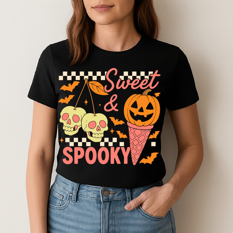 Sweet And Spooky Halloween Pumpkin Ice Cream Skull Cherries Bats Cute Retro Design 1