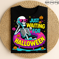 just waiting for halloween funny skeleton floating pool tube design with sunglasses and pumpkins for spooky season