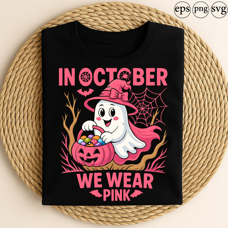 In October We Wear Pink Cute Ghost With Witch Hat Pumpkin Candy Breast Cancer Awareness Halloween D 0