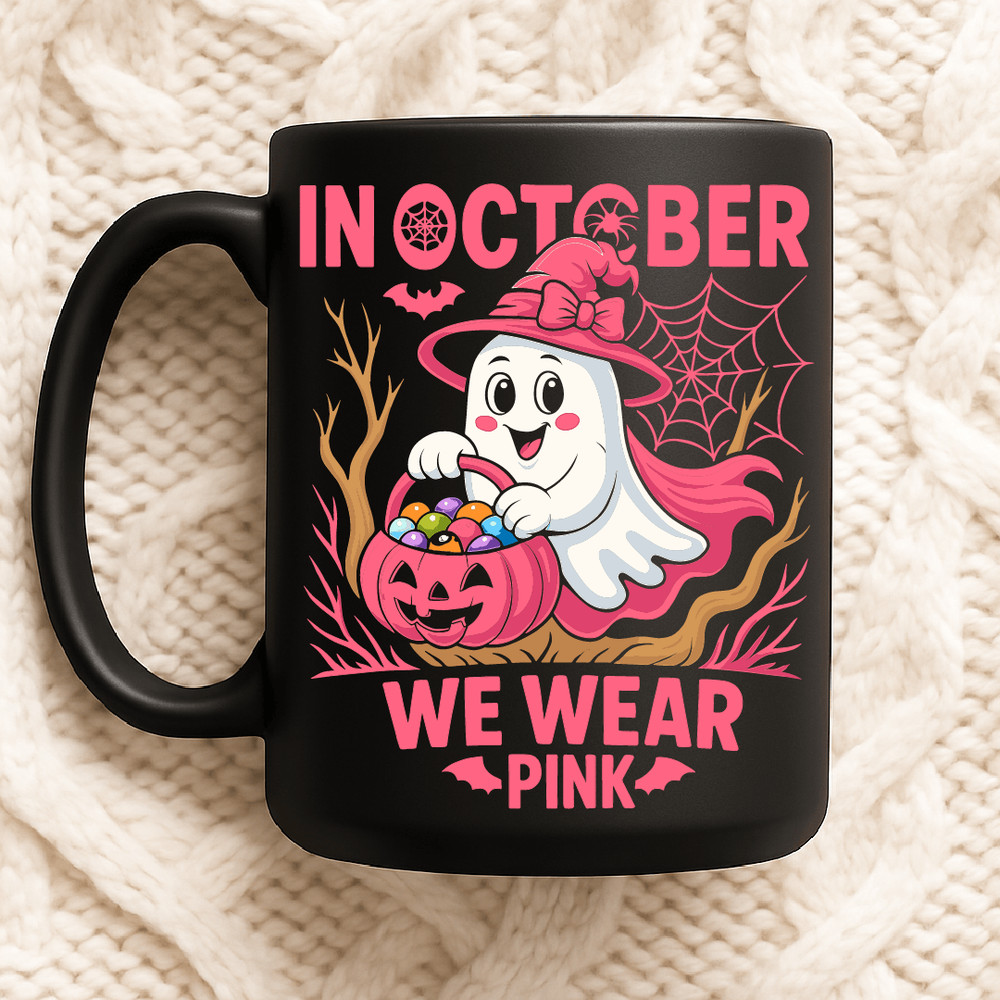 In October We Wear Pink Cute Ghost With Witch Hat Pumpkin Candy Breast Cancer Awareness Halloween D 2