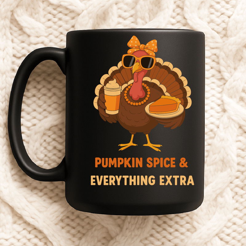 Pumpkin Spice And Everything Extra Funny Thanksgiving Turkey With Coffee And Pumpkin Pie Autumn Des 2