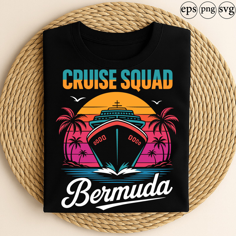 Cruise Squad Bermuda Vacation Design With Cruise Ship Sunset And Palm Trees Retro Summer Style 0