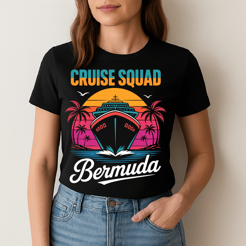 Cruise Squad Bermuda Vacation Design With Cruise Ship Sunset And Palm Trees Retro Summer Style 1