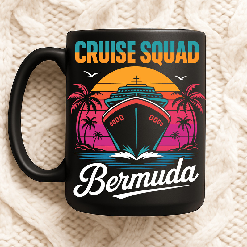 Cruise Squad Bermuda Vacation Design With Cruise Ship Sunset And Palm Trees Retro Summer Style 2