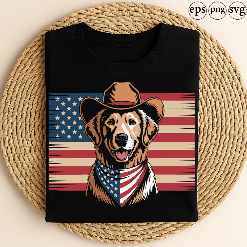 Patriotic American Dog Cowboy Hat USA Flag Bandana 4th Of July Country Style 0