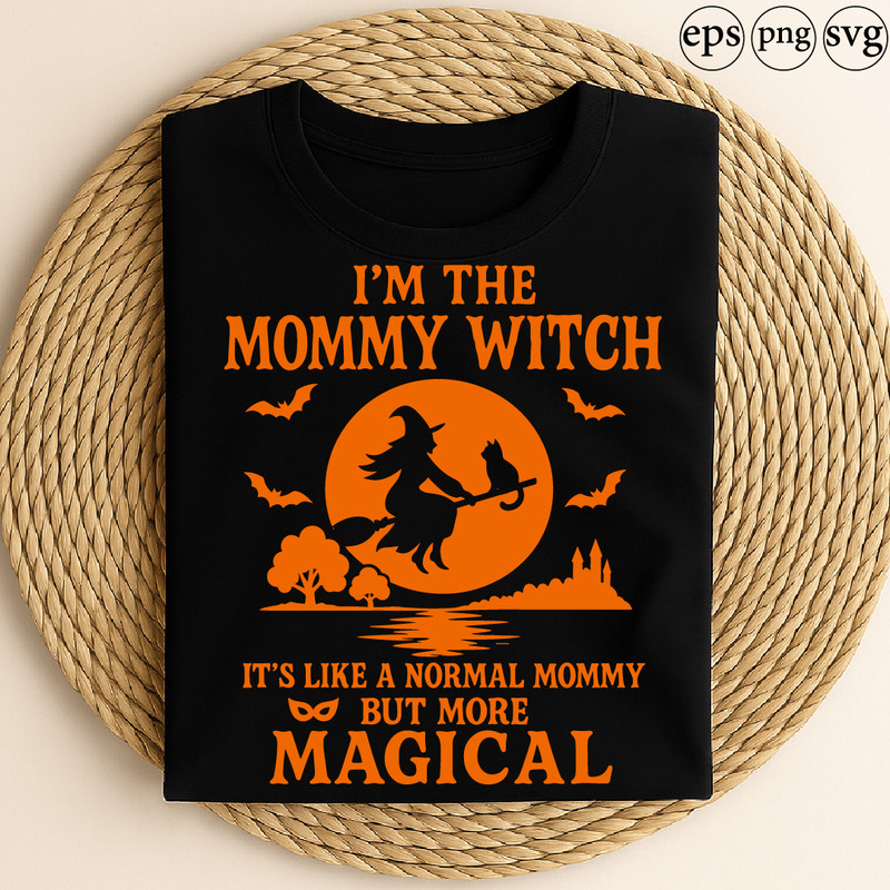 Im The Mommy Witch Funny Halloween Design With Witch Cat Bats Full Moon And Magical Mommy Costume S 0