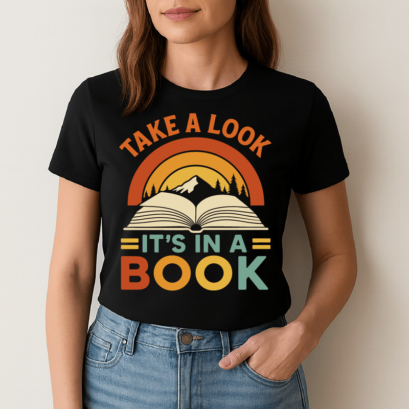 Take A Look Its In A Book Retro Reading Lover Design With Open Book Mountains And Vintage Sunset St 1