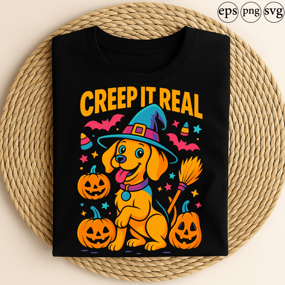 Creep It Real Funny Halloween Dog Design With Witch Hat Pumpkins Broom And Cute Spooky Style 0