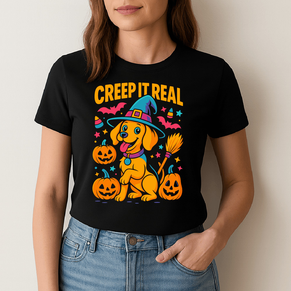 Creep It Real Funny Halloween Dog Design With Witch Hat Pumpkins Broom And Cute Spooky Style 1