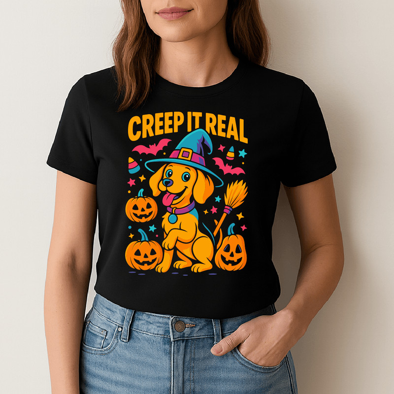 Creep It Real Funny Halloween Dog Design With Witch Hat Pumpkins Broom And Cute Spooky Style 1