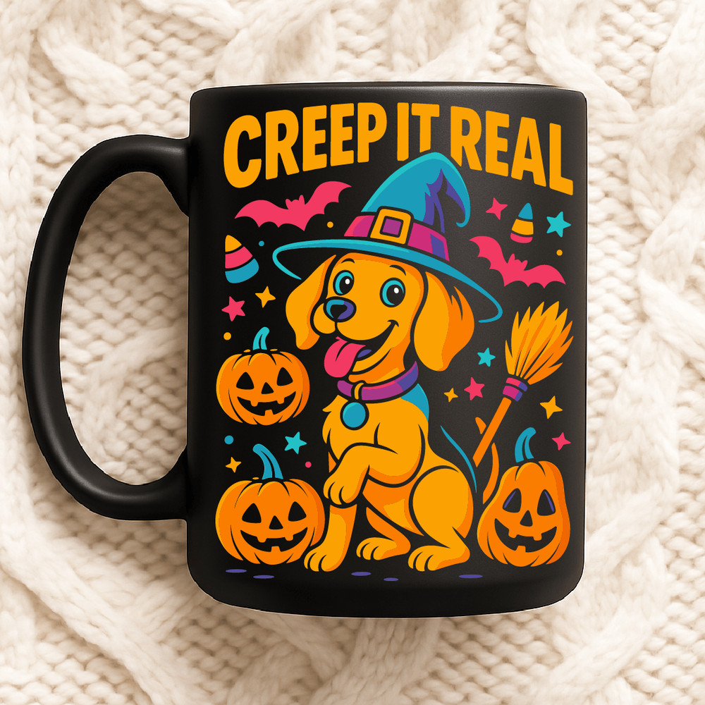 Creep It Real Funny Halloween Dog Design With Witch Hat Pumpkins Broom And Cute Spooky Style 2