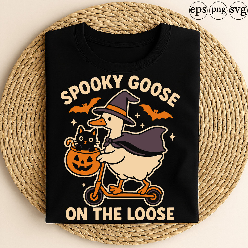 Spooky Goose On The Loose Funny Halloween Design With Witch Hat Cat Pumpkins Bats And Scooter Style 0