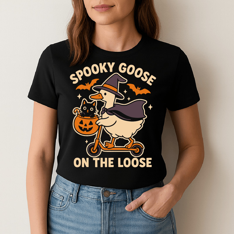Spooky Goose On The Loose Funny Halloween Design With Witch Hat Cat Pumpkins Bats And Scooter Style 1