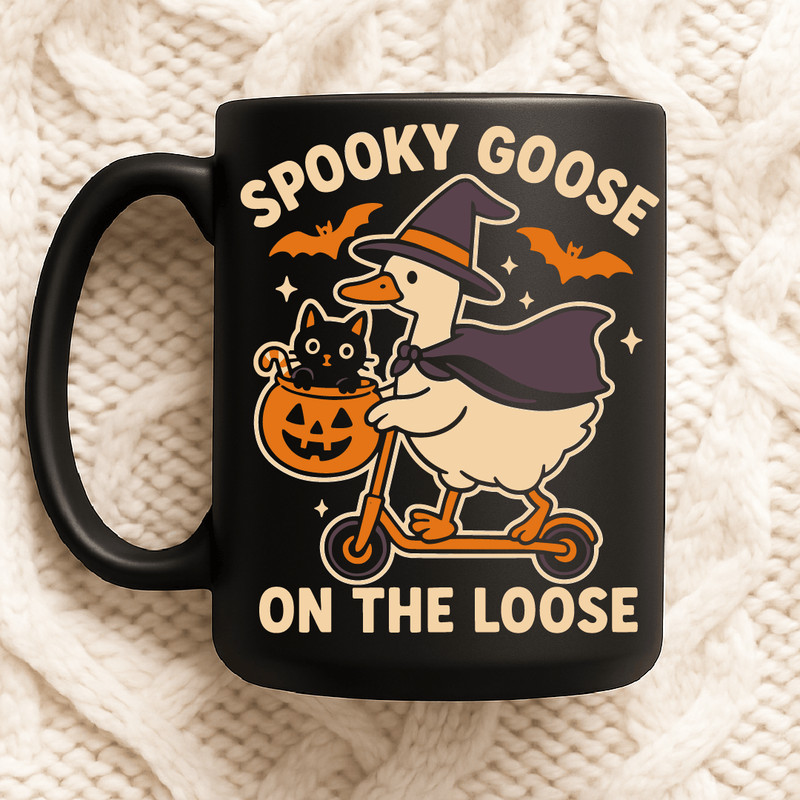 Spooky Goose On The Loose Funny Halloween Design With Witch Hat Cat Pumpkins Bats And Scooter Style 2